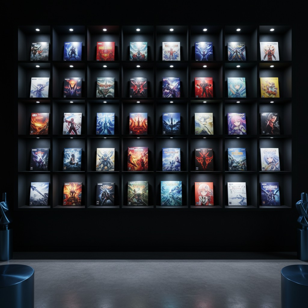 Large black display case with 40 cubes featuring light shining up from the bottom, showcasing 40 manga or album covers.