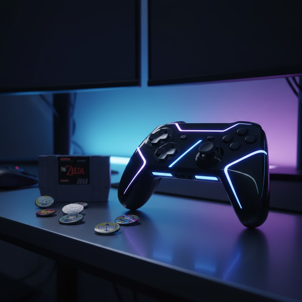 A gaming controller on a desk next to coins with Zelda flagscrollView