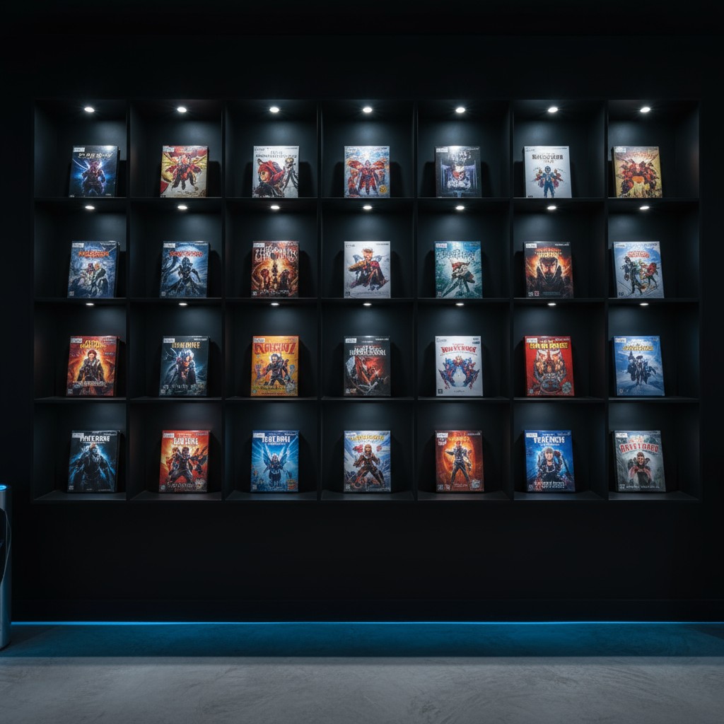 A dark room features a wall of shelves illuminated by recessed lights. The shelves display a collection of board games, ea...