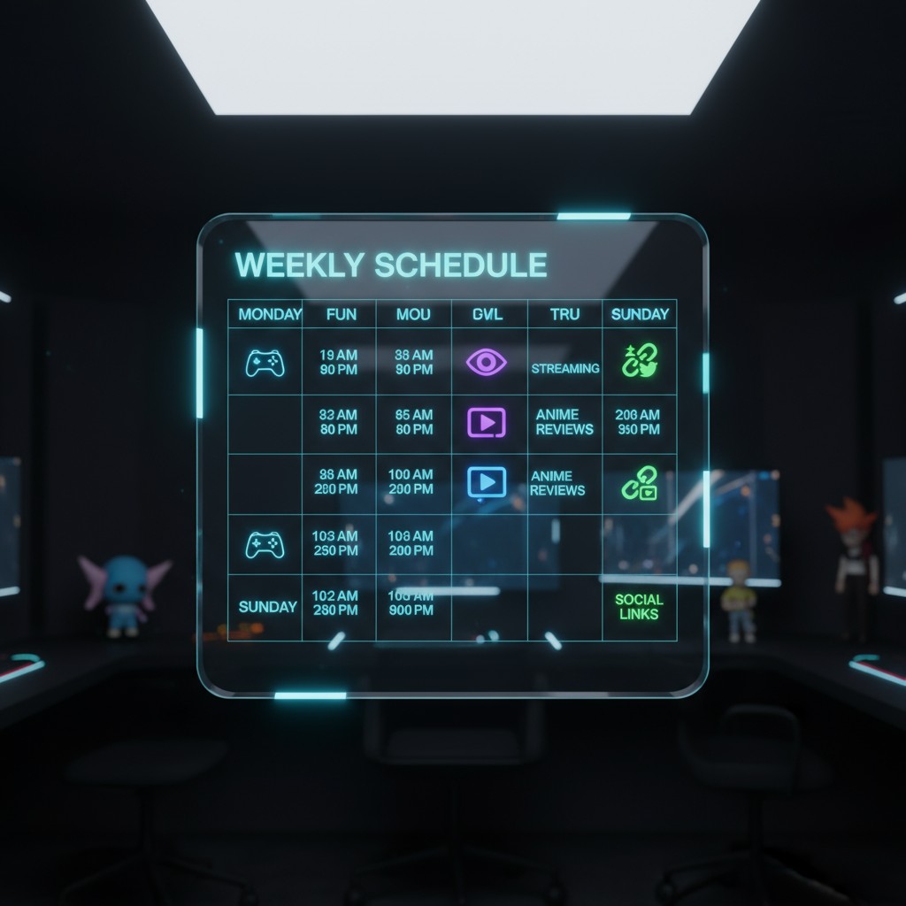 The weekly schedule features a range of activities, including fun, movies, gaming, meetups, and streaming on Mondays and S...